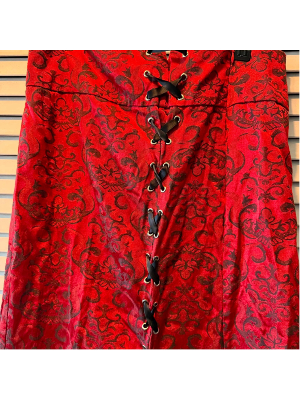 Belle Poque Red Black Brocade Corset Lace-Up Ruffled Maxi Skirt Gothic Victorian - Picture 6 of 13